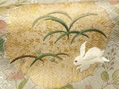 平和屋着物●訪問着 絞り 刺繍 露芝兎花文 金銀彩 正絹 逸品 AABF0619fy