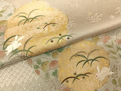 平和屋着物●訪問着 絞り 刺繍 露芝兎花文 金銀彩 正絹 逸品 AABF0619fy