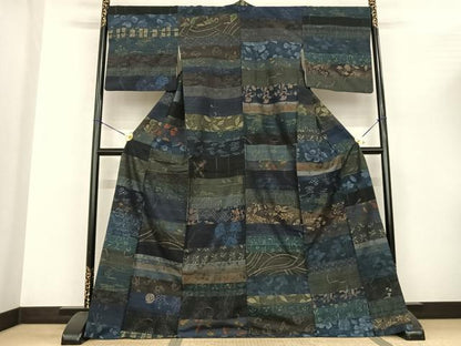 平和屋着物●小千谷紬 百柄 繋ぎ絣 手織り ロング丈 正絹 逸品 AABF0620fy