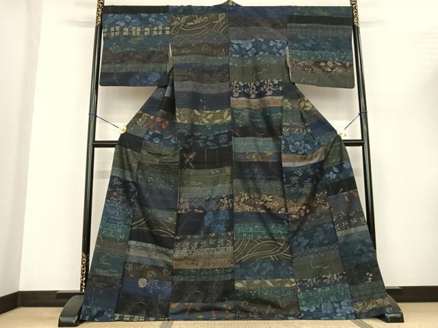 平和屋着物●小千谷紬 百柄 繋ぎ絣 手織り ロング丈 正絹 逸品 AABF0620fy