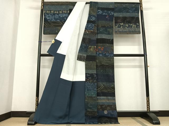 平和屋着物●小千谷紬 百柄 繋ぎ絣 手織り ロング丈 正絹 逸品 AABF0620fy