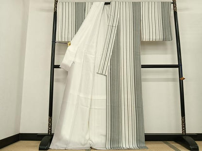 平和屋着物●上質な小紋 縞 ロング丈 正絹 逸品 AABF0626fy