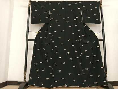 平和屋着物●上質な小紋 枝花文 黒地 正絹 逸品 AABF0629fy