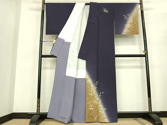 平和屋着物●訪問着 手描き 笹葉文 暈し染め 金彩 正絹 逸品 未使用 AABF0635fy