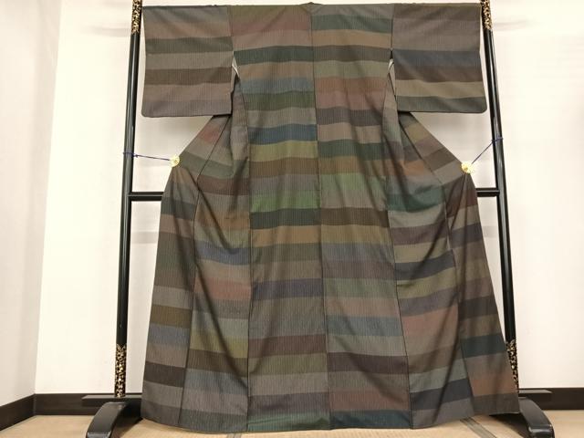 平和屋着物●お召 横段文 正絹 逸品 AABF0638fy