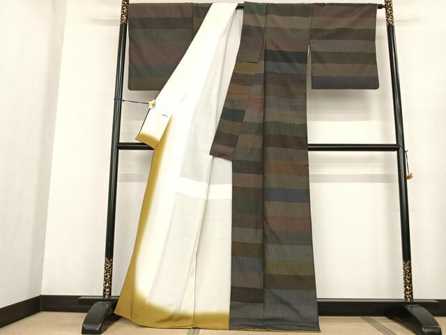 平和屋着物●お召 横段文 正絹 逸品 AABF0638fy