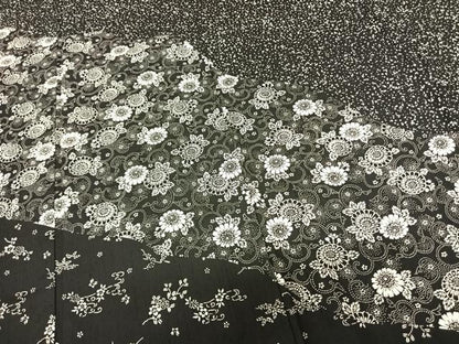平和屋着物●訪問着 紬地 型染め 花唐草文 黒地 正絹 逸品 AABF0641fy