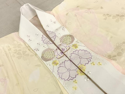 平和屋着物●振袖用長襦袢 無双仕立て 舞桜文 半衿刺繍 すずのき絹絵屋 正絹 逸品 未使用 AABF0649fy