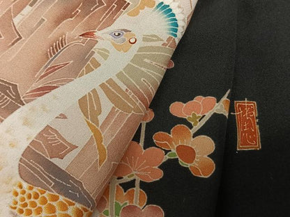 平和屋着物●本加賀友禅作家 中町博志 黒留袖 孔雀花文 正絹 逸品 未使用 AABF0653fy