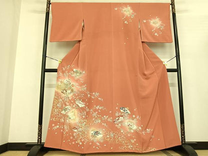 平和屋着物●訪問着 扇面花文 鶴 暈し染め 金銀彩 正絹 逸品 AABF0655fy