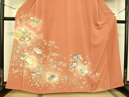 平和屋着物●訪問着 扇面花文 鶴 暈し染め 金銀彩 正絹 逸品 AABF0655fy