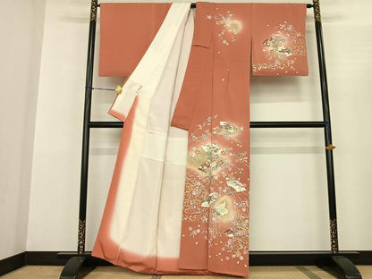 平和屋着物●訪問着 扇面花文 鶴 暈し染め 金銀彩 正絹 逸品 AABF0655fy