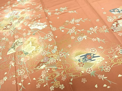 平和屋着物●訪問着 扇面花文 鶴 暈し染め 金銀彩 正絹 逸品 AABF0655fy