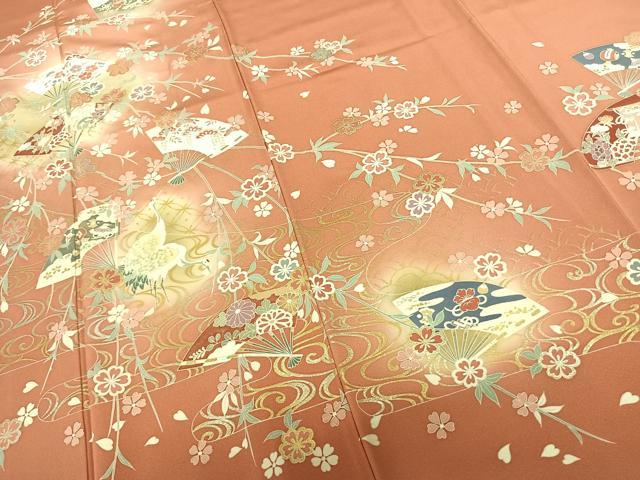 平和屋着物●訪問着 扇面花文 鶴 暈し染め 金銀彩 正絹 逸品 AABF0655fy