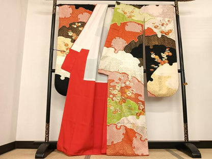 平和屋着物●豪華振袖 駒刺繍 絞り 雪輪花文 黒地 金彩 正絹 逸品 AABF0659fy