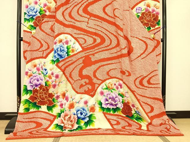 平和屋着物●豪華振袖 駒刺繍 絞り 流水花文 金彩 ロング丈 正絹 逸品 AABF0660fy