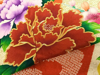 平和屋着物●豪華振袖 駒刺繍 絞り 流水花文 金彩 ロング丈 正絹 逸品 AABF0660fy