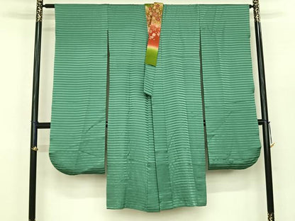 平和屋着物●振袖用長襦袢 無双仕立て 縞 若竹色 半衿刺繍 正絹 逸品 AABF0668fy