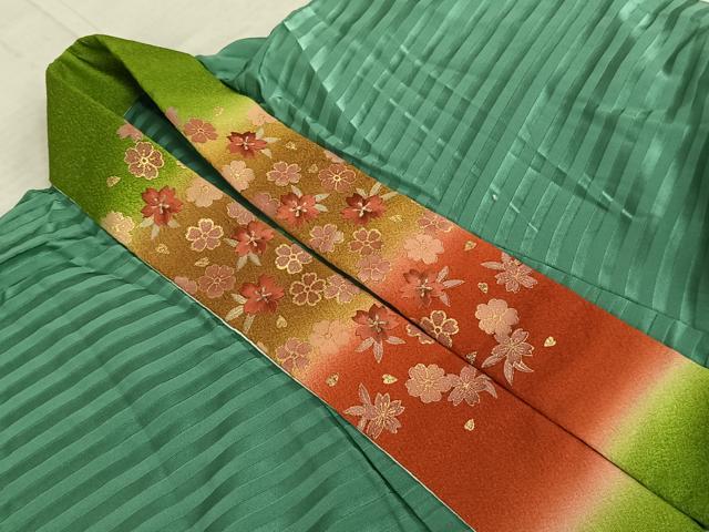平和屋着物●振袖用長襦袢 無双仕立て 縞 若竹色 半衿刺繍 正絹 逸品 AABF0668fy