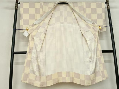 平和屋着物●長襦袢 無双仕立て 牡丹草木染 市松文様 暈し染め 正絹 逸品 未使用 AABF0672fy