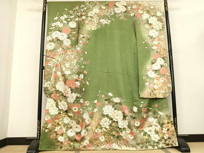 平和屋着物●豪華振袖 駒刺繍 草花文 暈し染め 金彩 正絹 逸品 AABF0674fy