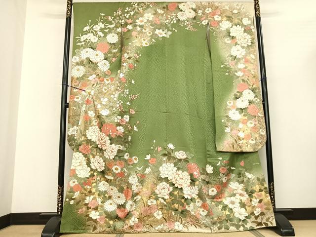 平和屋着物●豪華振袖 駒刺繍 草花文 暈し染め 金彩 正絹 逸品 AABF0674fy