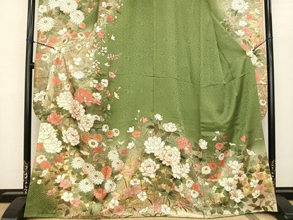 平和屋着物●豪華振袖 駒刺繍 草花文 暈し染め 金彩 正絹 逸品 AABF0674fy