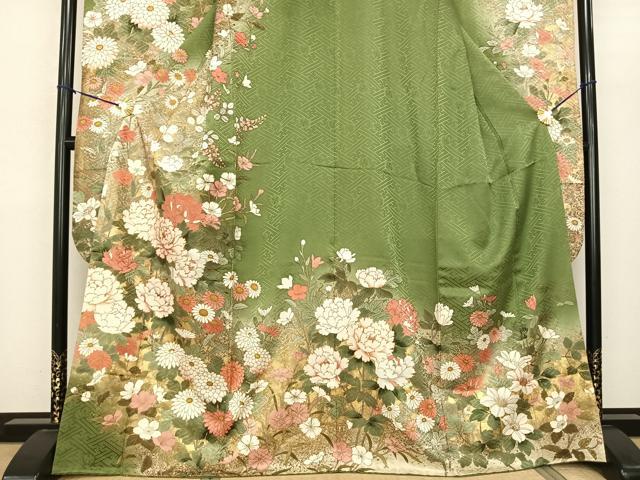 平和屋着物●豪華振袖 駒刺繍 草花文 暈し染め 金彩 正絹 逸品 AABF0674fy