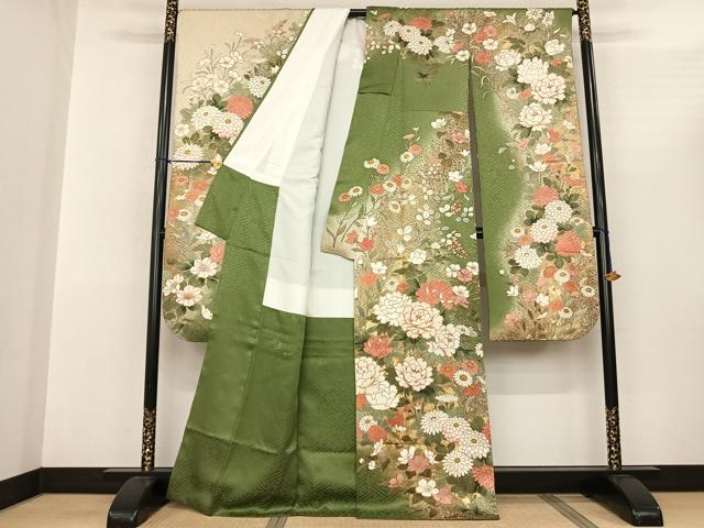 平和屋着物●豪華振袖 駒刺繍 草花文 暈し染め 金彩 正絹 逸品 AABF0674fy