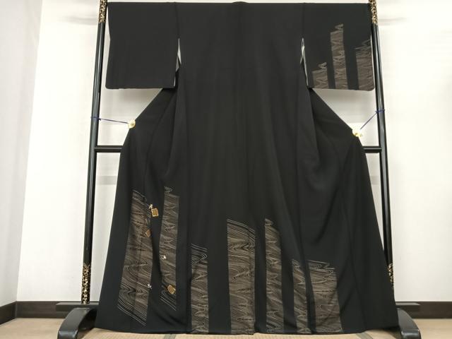 平和屋着物●訪問着 刺繍 流水舞花文 黒地 金糸 金彩 正絹 逸品 AABF0676fy