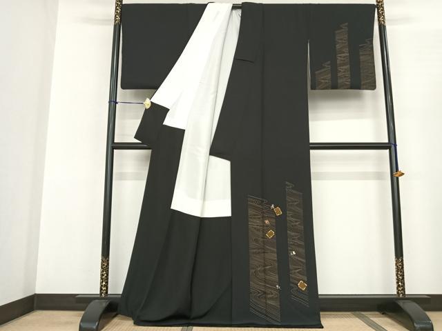 平和屋着物●訪問着 刺繍 流水舞花文 黒地 金糸 金彩 正絹 逸品 AABF0676fy