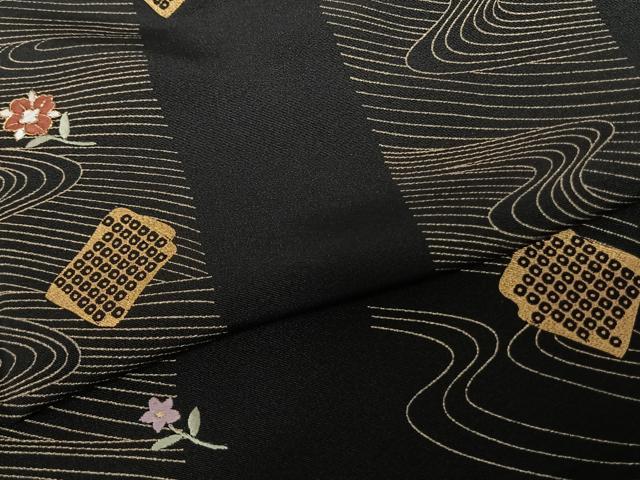 平和屋着物●訪問着 刺繍 流水舞花文 黒地 金糸 金彩 正絹 逸品 AABF0676fy