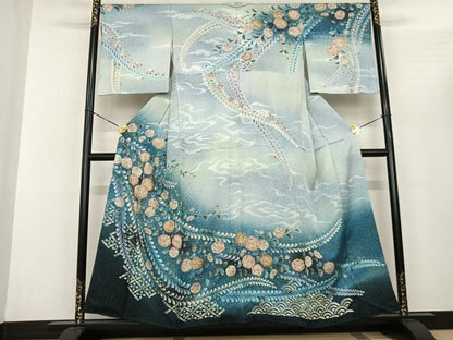 平和屋着物●訪問着 泰常 絞り 辻が花 暈し染め 金彩 銀通し地 正絹 逸品 AABF0681fy