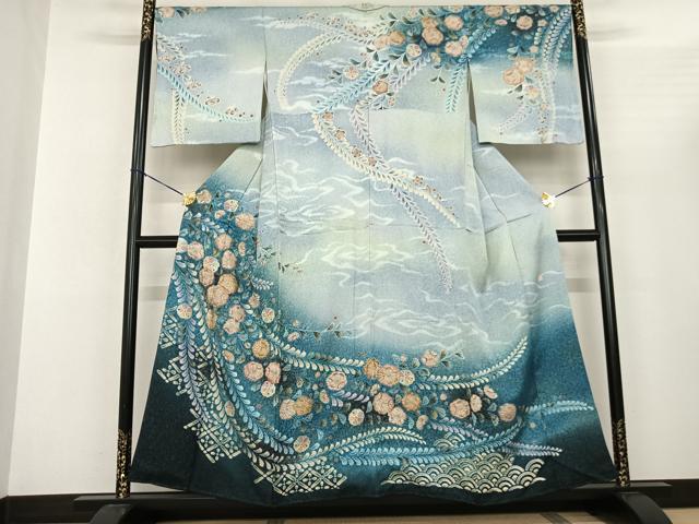 平和屋着物●訪問着 泰常 絞り 辻が花 暈し染め 金彩 銀通し地 正絹 逸品 AABF0681fy