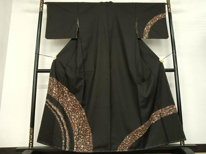 平和屋着物●訪問着 本場大島紬 総刺繍 葡萄蔦の葉文 黒地 金糸 正絹 逸品 AABF0689fy