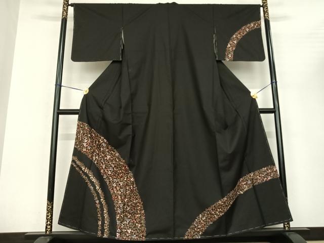 平和屋着物●訪問着 本場大島紬 総刺繍 葡萄蔦の葉文 黒地 金糸 正絹 逸品 AABF0689fy