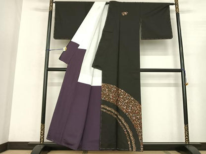 平和屋着物●訪問着 本場大島紬 総刺繍 葡萄蔦の葉文 黒地 金糸 正絹 逸品 AABF0689fy