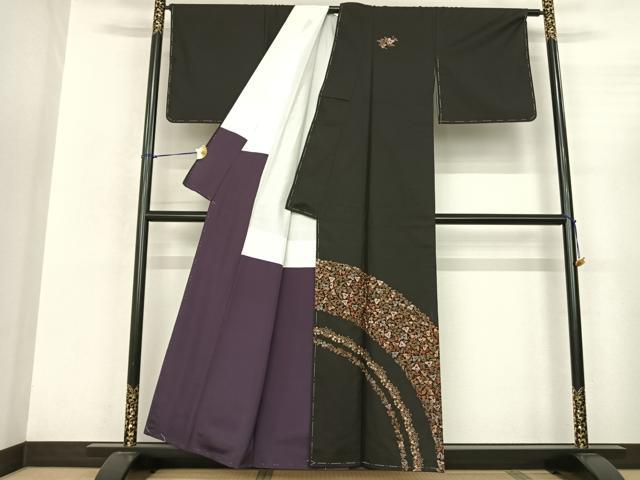 平和屋着物●訪問着 本場大島紬 総刺繍 葡萄蔦の葉文 黒地 金糸 正絹 逸品 AABF0689fy