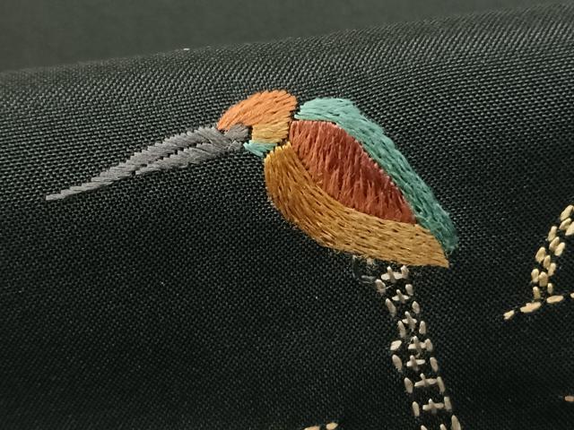 平和屋着物●訪問着 本場大島紬 総刺繍 刺し子 翡翠 黒地 正絹 逸品 AABF0690fy