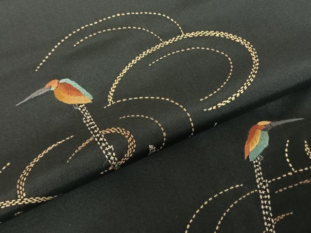 平和屋着物●訪問着 本場大島紬 総刺繍 刺し子 翡翠 黒地 正絹 逸品 AABF0690fy