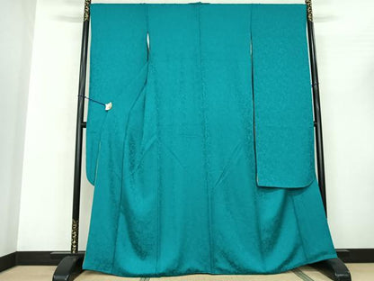 平和屋着物●豪華振袖 辻が花地紋 青緑色 金通し地 正絹 逸品 AABF0692fy