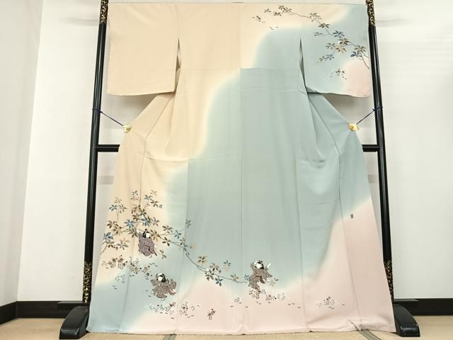 平和屋着物●訪問着 作家物 人物枝花文 暈し染め ロング丈 正絹 逸品 未使用 AABF0693fy