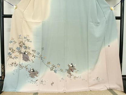 平和屋着物●訪問着 作家物 人物枝花文 暈し染め ロング丈 正絹 逸品 未使用 AABF0693fy