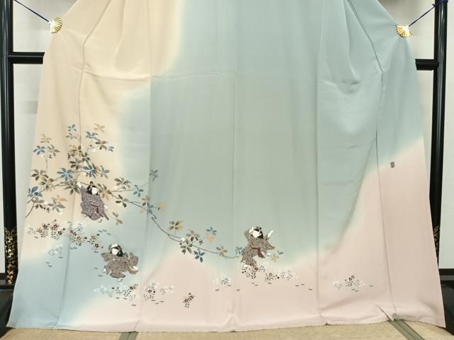 平和屋着物●訪問着 作家物 人物枝花文 暈し染め ロング丈 正絹 逸品 未使用 AABF0693fy