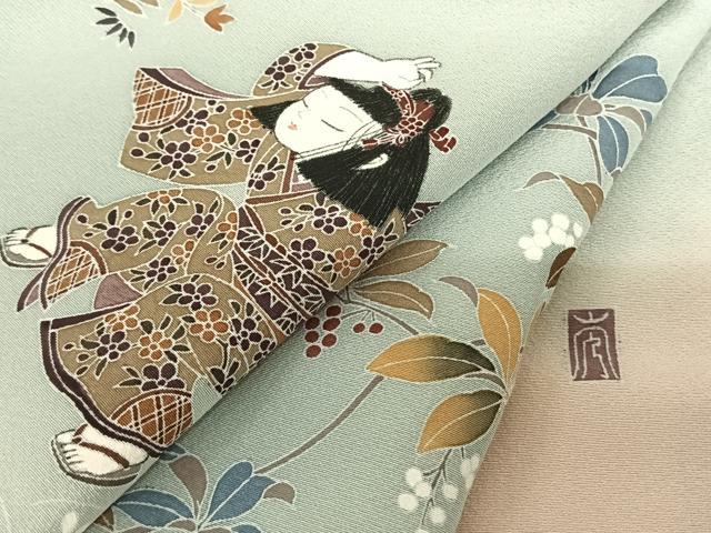 平和屋着物●訪問着 作家物 人物枝花文 暈し染め ロング丈 正絹 逸品 未使用 AABF0693fy