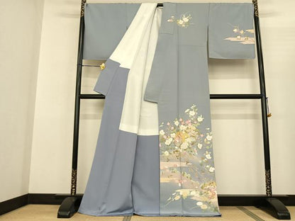 平和屋着物●訪問着 友禅 雪輪枝花文 丹後縮緬 金彩 反端付き ロング丈 正絹 逸品 AABF0697fy