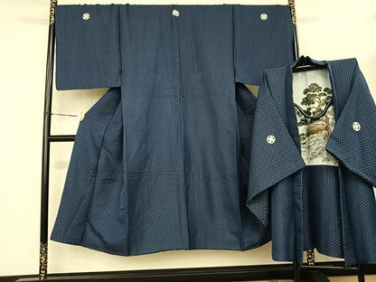平和屋着物●男性 色紋付・羽織セット 菱文 金糸 キングサイズ 洗える着物 AABF0700fy