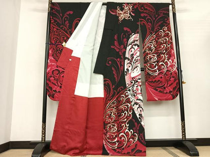 平和屋着物●豪華振袖　スウィートエンジェル　唐草文　ラインストーン　黒地　銀通し地　正絹　逸品　AABF0702fy