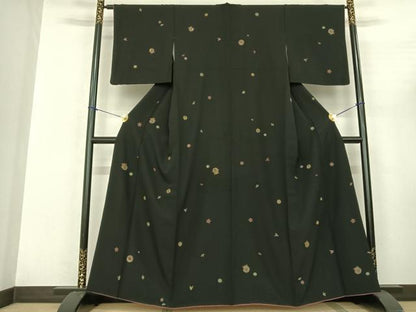 平和屋着物●上質な小紋　総刺繍　鈴　舞花文　黒地　金糸　正絹　逸品　AABF0706fy