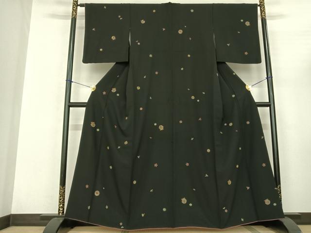 平和屋着物●上質な小紋　総刺繍　鈴　舞花文　黒地　金糸　正絹　逸品　AABF0706fy